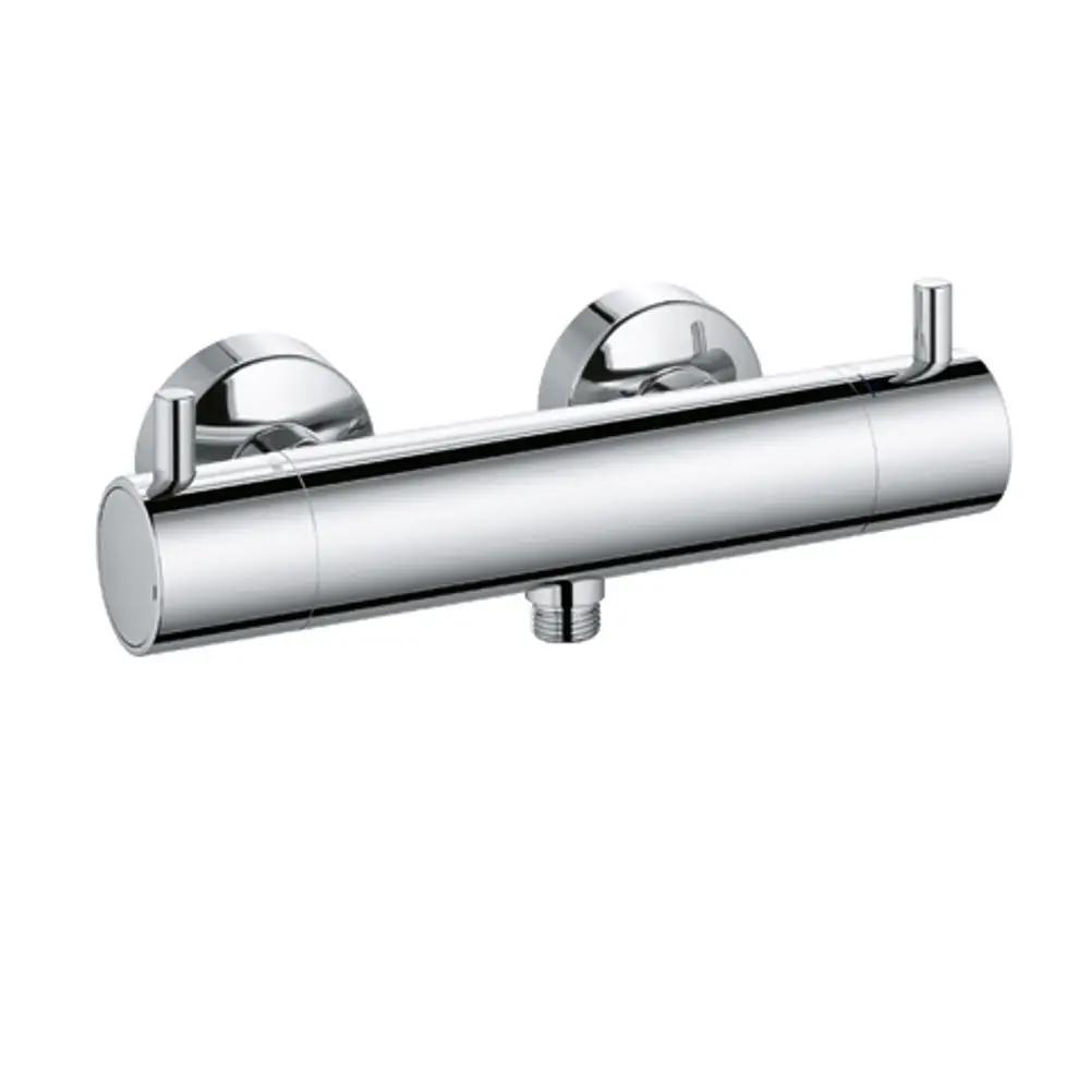 Kludi-Brausearmatur in verchromtem Finish, mit zwei Bediengriffen zur Temperatur- und Durchflussregelung, für Wandmontage geeignet.